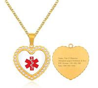 Uloveido Collier d'alerte médicale en forme de cœur plaqué or 18 carats avec code QR - Pendentif d'identification d'urgence en acier inoxydable CZ - Symbole médical rouge - Scan pour mettre à jour les