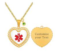 Uloveido Collier Médical Cœur Doré avec Symbole Rouge du Caducée, Contact Urgence Personnalisé, Alerte Allergie/Diabète, Étiquette Santé SOS YA5221