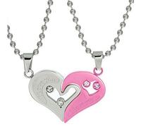 Uloveido His and Hers Puzzle Matching Set Stainless Steel Half Heart Pendant with Bead Chain Necklaces for Him and Her for Lovers Couples (Pink) SN102