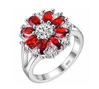 Uloveido J676 Bagues en forme de fleur en cristal rouge pour femme Plaqué or blanc Pour anniversaire de mariage anniversaire de mariage anniversaire Bague pour fille avec pierre rouge, R1/2(59.5mm