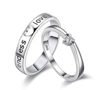 Uloveido Lot de 2 bagues de fiançailles en forme de cœur pour elle et lui - Plaqué platine - Ensemble assorti pour mariage, fiançailles, Saint-Valentin, cadeaux pour couples - J205, lac Cristal en