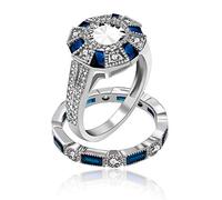 Uloveido Lot de 2 bagues de fiançailles plaquées platine avec zircone cubique bleu rectangulaire pour femme (taille L, O, Q, S, T) RJ497, R1/2(59.5mm), Cristal, Zircone cubique