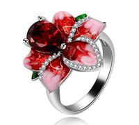 Uloveido RA627 Bague pour femme en émail rouge avec rose en fleur, bague cocktail d'été avec zircone cubique taille poire, T1/2(62.1mm), Zircone cubique