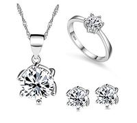 Uloveido Silver Color Created Diamond Wedding Engagement Anniversary Jewellery Set for Bridal, Cubic Zirconia Necklace Ring and Studs Earrings for Women Girls T043