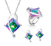 Uloveido T295 Ensemble de bijoux à breloques arc-en-ciel avec topaze mystique et grand collier carré en cristal Boucles d'oreilles assorties Bagues plaquées or blanc Ensemble de bijoux de mariage
