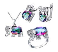 Uloveido T485 Parure de bijoux éléphant porte-bonheur pour maman et fille avec collier, boucles d'oreilles et bague pour femme, anniversaire de mariage, cadeau d'anniversaire, R1/2(59.5mm), Cristal