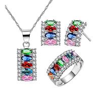 Uloveido T502 Ensemble de bijoux avec collier, boucles d'oreilles et bague en plaqué platine avec 7 pierres en oxyde de zirconium en forme de demi-lune pour une fête, P1/2(57mm), Laiton Métal Platine