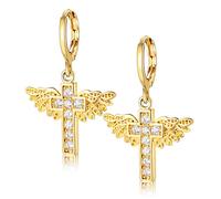 Uloveido Y199 Boucles d'oreilles pendantes en laiton avec oxyde de zirconium pour femme Motif ailes d'ange et croix Plaqué or