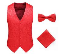 ULPUDFAO Veste Homme Sans Manche, Gilet Jacquard À Simple Boutonnage Slim Fit Élégant Sans Manches Avec Pochette À Nœud Papillon Chic Pour Robe De Soirée De Mariage Pour Homme Rouge L