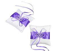 ULTECHNOVO 2 Pièces Coussin Porte-alliances Cœur Double Violet | Tissu et Plastique, Nœud Ruban avec Strass, Léger et Portable, Décoratif pour Mariage et Fête