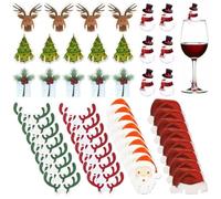 ULTECHNOVO 80 Pièces Marqueurs pour Verres à Vin en Bois Noël Décorations Assorties Bonnet de Noël Cerf Rouge Cerf Vert Sapin Cloche Bonhomme de Neige Accessoires Festifs pour Table et Fête