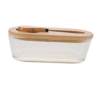 ULTECHNOVO Butter Tray With Wood Lid And Knife Airtight Glass Butter Keeper Dish For Refrigerator And Countertop Cheese Storage Compact Transparent Holder