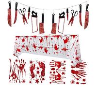 ULTECHNOVO Décorations Halloween Intérieur et Extérieur Ensemble de Guirlandes Sanglantes Nappe Effrayante et Autocollants Mains Ensanglantées pour Table et Fenêtre Décoration Effrayante pour