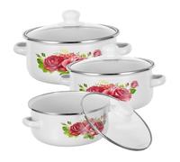 ULTECHNOVO Ensemble de 3 Marmites en Émail Blanc à Motif Floral Diamètres 16-18-20 CM Marmite à Double Poignée avec Couvercle Antiadhésive Diffusion Homogène Chaleur pour Soupe