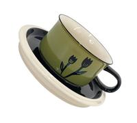 ULTECHNOVO Ensemble Tasse à Café Cappuccino 250ml en Céramique Vintage Vert avec Soucoupe, Adapté aux Boissons Chaudes et Froides, Thé de L'après-midi