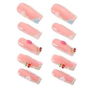 ULTECHNOVO Lot de 10 Faux Ongles à Couverture Complète M en Plastique Strass 3D Cerises et Fleurs, Extensions d'Ongles Soi-Même Légères et Confortables, Nail Art à Pression pour Filles,