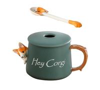 ULTECHNOVO Mug Céramique Couvercle et Cuillère, Motif Corgi, 420Ml, pour Café ou Thé la Maison, Bureau ou Voyage
