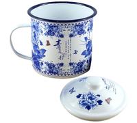 ULTECHNOVO Tasse Émaillée Vintage 500 Ml Couvercle, Mug Robuste en Émail Bleu et Blanc 9 Cm, pour Maison, Bureau et Voyages, Tasse à Thé et Verre D'eau Polyvalent