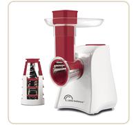 Ulteronixshop-8701 Easy Veggie, Découpe légumes électrique 4 en 1, Râper émincer trancher gratter, Large plateau sur goulotte, 5 accessoires en acier inoxydable amovibles, 150 W, Blanc/Rouge