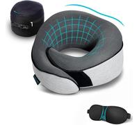 Ulteronixshop-Coussin de Voyage - Oreiller de Voyage, 100% Mousse à Mémoire de Forme, Coussin pour Avion Train, avec 1 Masque pour Yeux 3D, 1 Sac en Maille de Haute Qualité, Gris