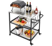Ulteronixshop-Desserte de Jardin pour Plancha, Chariot de Barbecue avec Plan de Travail 80x61 cm en INOX, pour Préparation de Cuisine BBQ Extérieur, avec 4 Roues, Poignée Latérale et Deux Étagères en