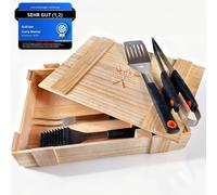 Ulteronixshop-Kit de barbecue pour homme dans une boîte en bois ¿ Set d'ustensiles de barbecue en acier inoxydable ¿ Spatule 3 en 1 et brosse de nettoyage ¿ Cadeau idéal pour homme, cadeau de barbecu