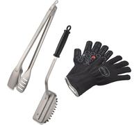 Ulteronixshop-Lot de 3 accessoires de barbecue de qualité supérieure avec gants de barbecue de qualité supérieure, pince à barbecue et brosse de nettoyage SlideX, acier inoxydable, argenté/noir