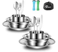 Ulteronixshop-Set de Couverts Camping, Ustensiles et Bol Soucoupe Inox, Assiette Tasse Couteau Fourchette Cuillère Sac Rangement, Kit de Vaisselle Camping pour Famille et Amis Randonnée Pique-Nique V
