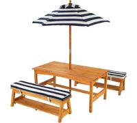 Ulteronixshop-Table Et Bancs De Jardin Pour Enfant Avec Coussins Et Parasol, Salon De Jardin Extérieur En Bois Pour Enfants, Rayé Bleu Marine Et Blanc, 00106