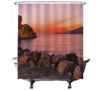 Ulticool Rideau de Douche - Coucher de Soleil Nature Mer l'Espagne Sable Plage Roches - 180 x 200 cm - Lavable - Anti Moisissure - avec 12 Anneaux - Rose Orange