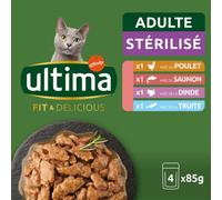 ULTIMA ALIMENT CHAT BOUCHEE GELEE STERILISE POULET DINDE SAUMON TRUITE 4 SACH 85 GR