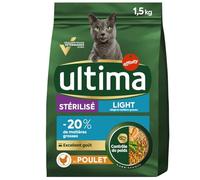 Ultima - Croquettes Light au Poulet pour Chat Adulte Stérilisé, Saveur Délicieuse, Sac 1,5kg - Lot de 3