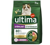 Ultima - Croquettes Savoureuses Saveur Dinde pour Chat Stérilisé d’intérieur, Nutrition Équilibrée, 3kg - Lot de 2
