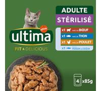 ULTIMA - Pâtée pour chat adulte stérilisé en sauce Savoureuse au bœuf, thon, poulet et poisson océan, Les 4 sachets de 85g