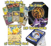 Ultimate Shiny Tin Bundle - 50 cartes aléatoires garanties 10 Holos + 1 carte brillante rare + 1 pièce de monnaie + carte The Toy Box compatible avec Pokémon JCC