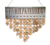 ULTNICE Calendrier d'anniversaire perpétuel - Calendrier mural en bois (1 plaque, 25 disques de bois, 25 cœurs en, 50 nœuds fer).