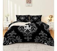 Ultra Douce Exquis Élégant Symétrique Poulpe Housse de Couette 200 x 200 cm Noir Parure de Lit 3 Pièces en Microfibre avec Fermeture Éclair pour Chambre d'enfant Fille Garçon