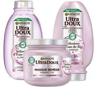 Ultra Doux - Coffret Routine Lissante Douceur & Brillance - À L¿Infusion D¿Eau De Riz - Pour Les Cheveux Rebelles Et Indisciplinés - Shampooing, Après-Shampooing & Masque