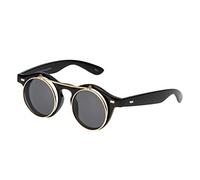 Ultra Noir avec Verres Noir Flip Up Lunette De Soleil Homme Lunette de Soleil Femme Steampunk Rondes Lunette Retro Femmes Hommes Victorien Punk Gothique UV400 Unisex Steampunk Glasses
