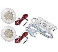 Ultra Plat Lot de 2 Spot LED encastrable pour meuble Tim 2 W Blanc chaud 12 V DC 2800 K 180Lumen 110 ° Angle d'éclairage inoxydable Aluminium 1,8 m câble de raccordement Transformateur LED