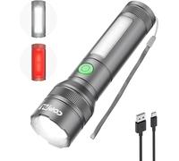 Ultra Powerful Rechargeable Led Flashlight 6 Modes Zoomable Mini Aluminum Flashlight With Red Side Lamp For Emergency Hiking Camping Grey
