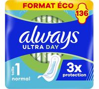 Ultra Serviettes Hygi¿¿Niques, Taille 1, Normal, 136 Serviettes Sans Ailettes, Flux L¿¿Gers Jour, Format Eco, Max Confort, Super Absorbantes Et Ultra Fines