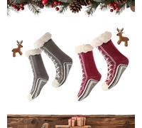 Ultra-thick Cashmere Slipper Home Socks, Cashmere Slipper Socks for Women, Non-Slip Silicone Grippers (Grey+Red)