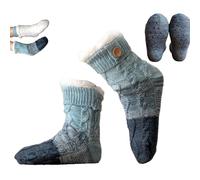 Ultra-Thick Cashmere Slipper Home Socks, Tri-color Knit Non-Slip Winter Socks, Warm Fleece Lined Fuzzy Floor Socks for Women (Blue)