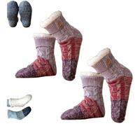 Ultra-Thick Cashmere Slipper Home Socks, Tri-color Knit Non-Slip Winter Socks, Warm Fleece Lined Fuzzy Floor Socks for Women (Purple-2Pcs)