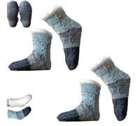 Ultra-Thick Cashmere Slipper Home Socks, Tri-color Knit Non-Slip Winter Socks, Warm Fleece Lined Fuzzy Floor Socks for Women (Blue-2Pcs)