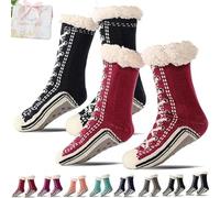 Ultra-Thick Cashmere Slipper Socks for Women, Non-Slip Home Socks，Fuzzy Fluffy Winter Warm Soft Thick Thermal (Black+Red(2Pcs))