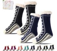 Ultra-Thick Cashmere Slipper Socks for Women, Non-Slip Home Socks，Fuzzy Fluffy Winter Warm Soft Thick Thermal (Black+Navy blue(2Pcs))