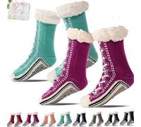 Ultra-Thick Cashmere Slipper Socks for Women, Non-Slip Home Socks，Fuzzy Fluffy Winter Warm Soft Thick Thermal (Purple+Lake Blue(2Pcs))