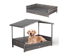 ULTRALARK Rattan Dog House with Cushion, Dog Bed in House Shape, Outdoor Dog Kennel, Steel Frame, Plastic, Grey, 130 x 69 x 86 cm